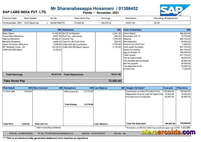 Sap Labs Payslip